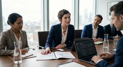 AI governance professionals discussing compliance, risk management, and responsible AI oversight in a boardroom