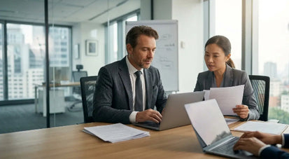 Professionals collaborating on AI policy writing and responsible AI governance in the workplace.