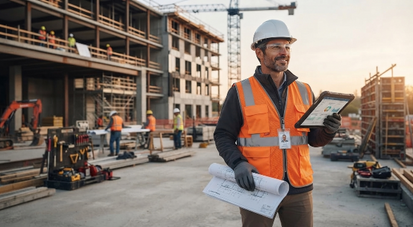 Construction project manager coordinating schedules, budgets, contractors, and project progress on a construction site.