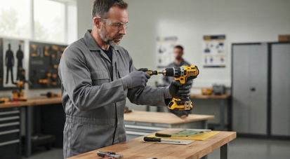 Worker inspecting a cordless power drill and bit before use during hand and power tool safety training in a workshop.