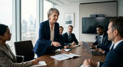 Executive leading a board meeting on Responsible AI governance, risk management, and ethical AI strategy.
