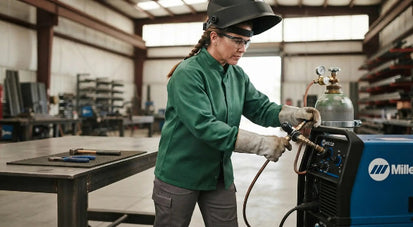 Worker connecting welding equipment and inspecting a gas cylinder before welding during welding safety training in a metal fabrication workshop.