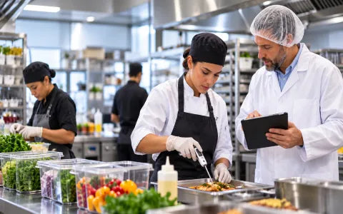 A kitchen worker checks a food temperature while a supervisor reviews the process on a tablet.