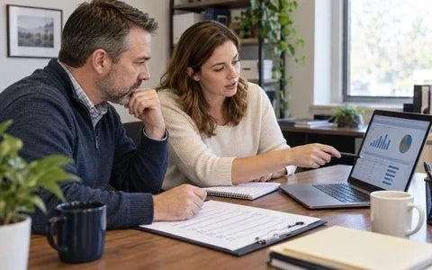 A tax preparation manager and employee reviewing customer records in a small US office
