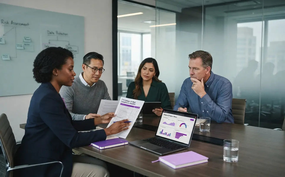 Compliance team reviewing an FTC Safeguards Rule checklist in a modern financial office