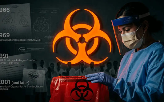 Biohazard Symbol Meaning and OSHA Safety Rules illustrated with a healthcare worker and biohazard waste bag.