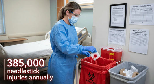 Healthcare worker performing Biohazardous Waste Disposal in a hospital patient care room