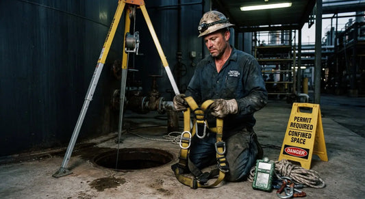 Worker preparing a full-body harness beside a confined space tripod, gas monitor, retrieval rope, and permit-required space