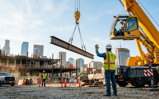 Crane signals ensure safe communication during steel beam lifting on a construction project