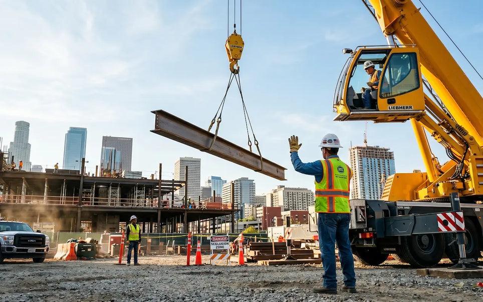 Crane signals ensure safe communication during steel beam lifting on a construction project