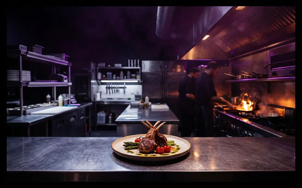 Split commercial kitchen scene contrasting cross-contact and cross-contamination hazards in food handling