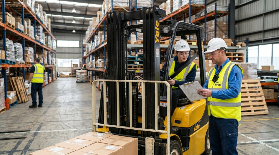 Warehouse safety manager training forklift operator during OSHA certification inspection.