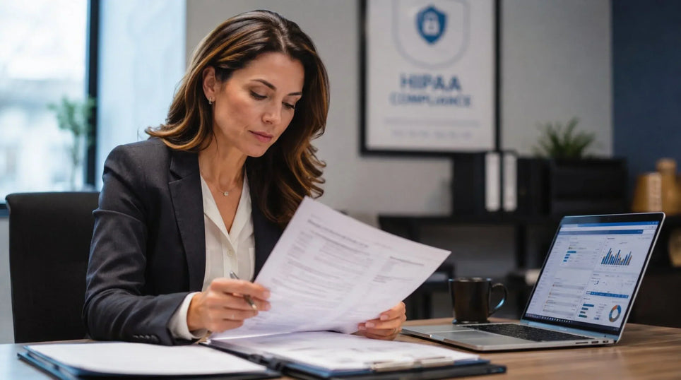 Healthcare compliance officer reviewing HIPAA training documents at office desk
