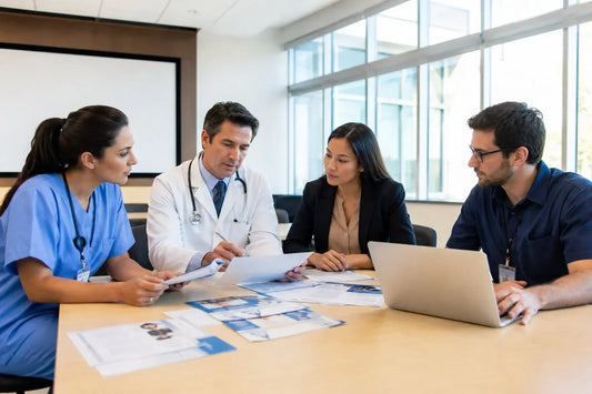 Healthcare staff completing HIPAA compliance training together in a hospital conference room with printed materials and a laptop.