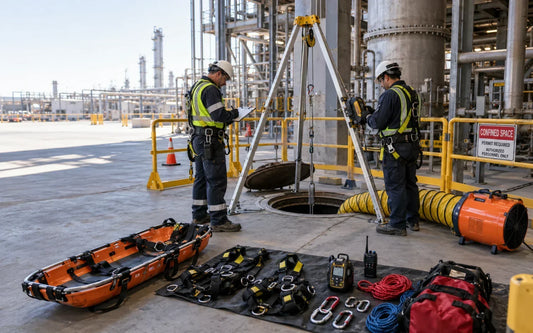 Confined space rescue team preparing tripod, retrieval system, gas monitor, ventilation equipment, and rescue plan before permit-space entry.