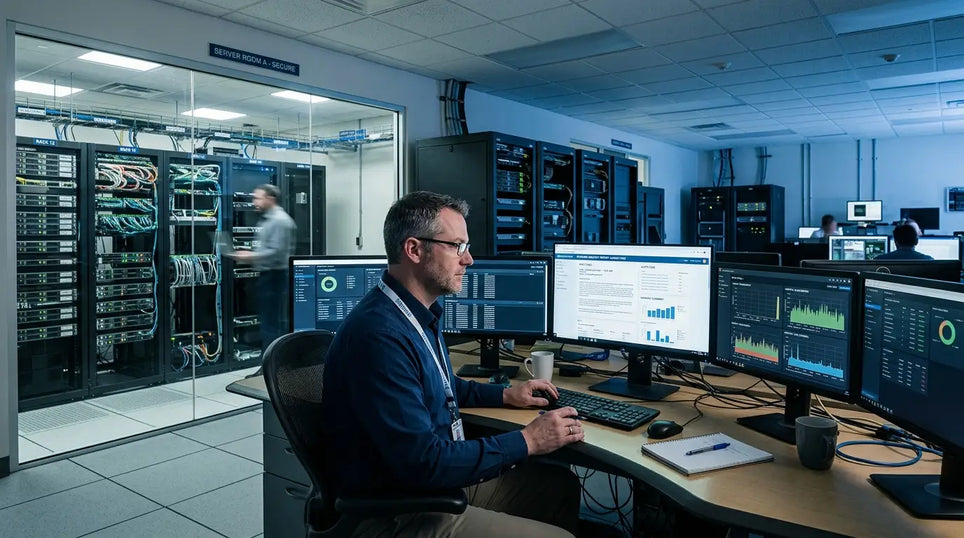 A male IT Director in his mid-40s sits at a workstation in a hospital IT operations room.
