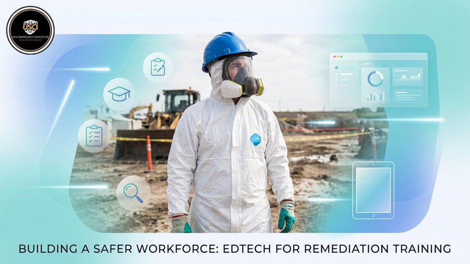 A construction/remediation worker in full PPE (hard hat, respirator, hazmat suit) on a contaminated job site