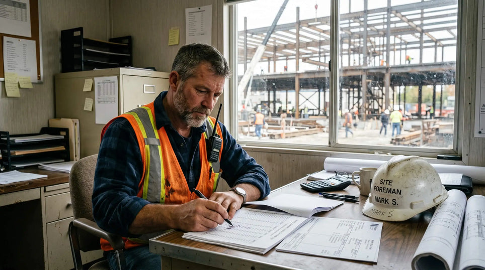 Construction site foreman reviewing paperwork inside office trailer overlooking active building construction site.