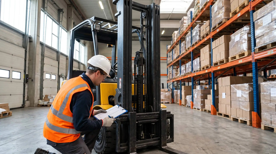 Forklift operator inspecting warehouse inventory and performing forklift safety checklist in industrial storage facility