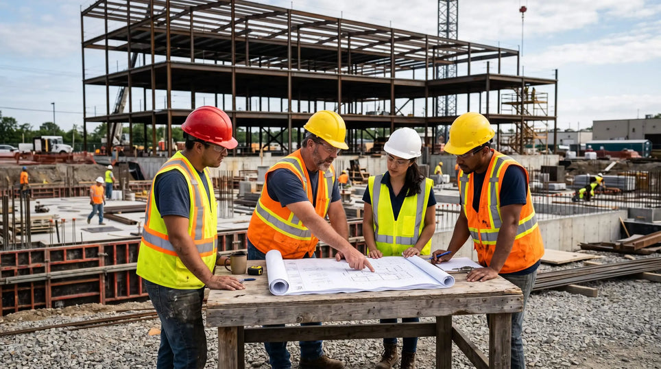 Construction workers reviewing blueprints at active commercial building site