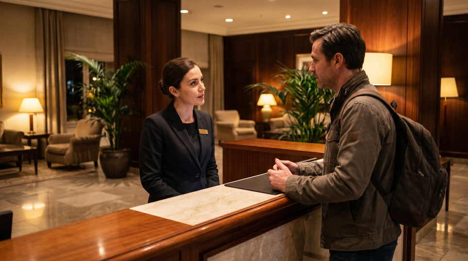 Hotel receptionist assisting a guest at check-in, demonstrating professional hospitality and attentive customer service