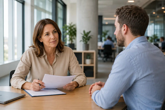In a workplace settings a women is talking in front of a men