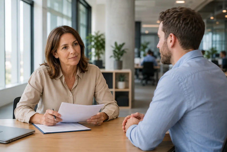 In a workplace settings a women is talking in front of a men