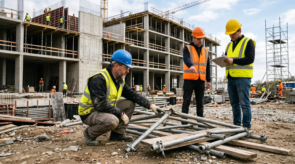 OSHA-compliant construction workers reviewing site conditions