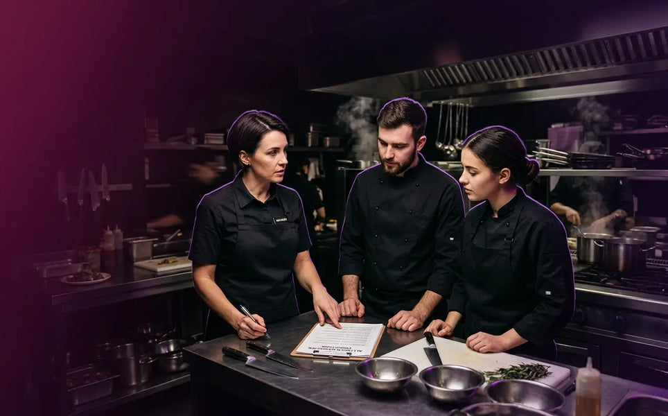 Restaurant manager training kitchen staff on food allergen safety and compliance