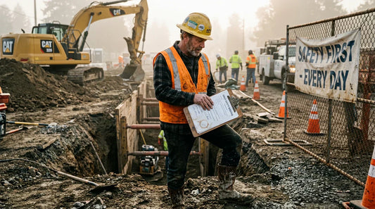 Construction worker conducting job hazard analysis at trench excavation site with safety-first signage"