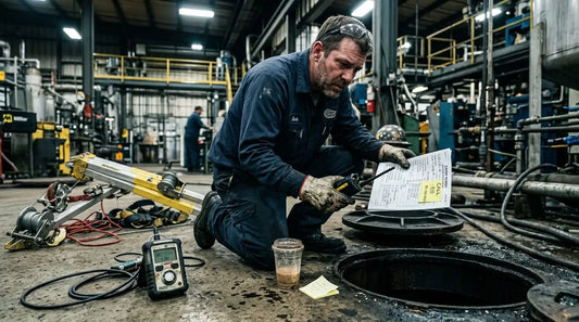 Worker reviewing a confined space entry permit beside an industrial manhole with gas monitor and rescue equipment