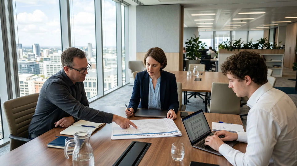 Team discussing risk management framework strategy and compliance planning during corporate boardroom meeting