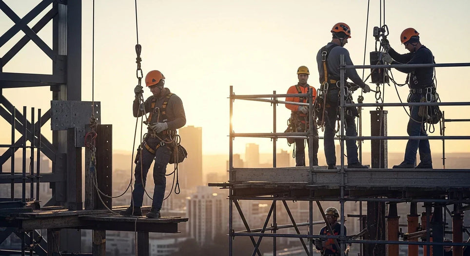 Fall protection construction workers using safety harnesses while working on elevated scaffolding