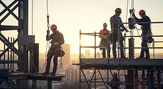 Fall protection construction workers using safety harnesses while working on elevated scaffolding