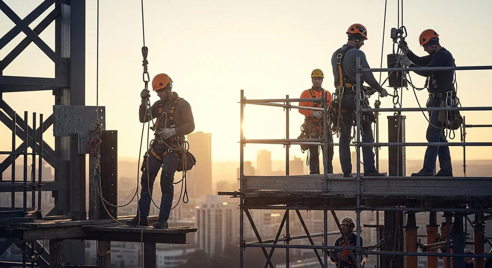 Fall protection construction workers using safety harnesses while working on elevated scaffolding