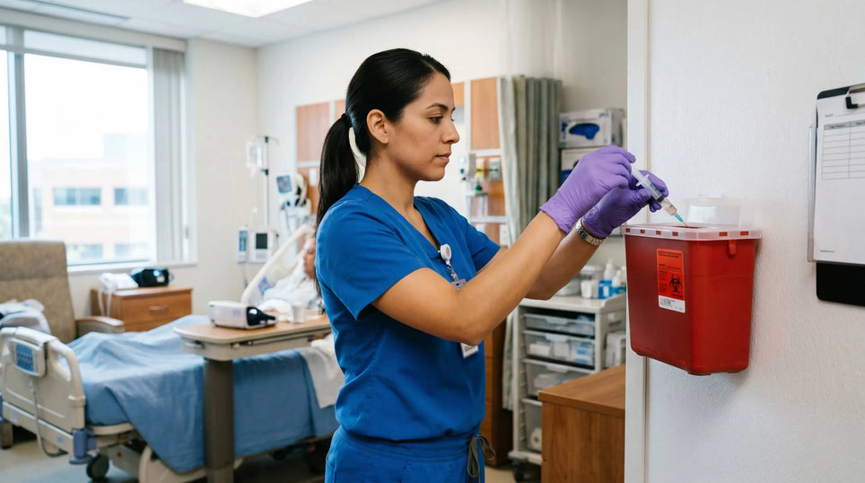 Bloodborne Pathogens safety: nurse disposing syringe in sharps container in hospital patient care room.