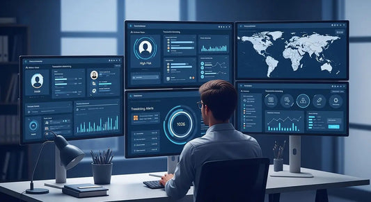 Enhanced Due Diligence analyst reviewing high-risk customer profiles across multiple compliance dashboards