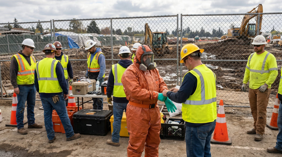 Workers in HAZWOPER safety training wearing protective gear and respirators at an active construction site.