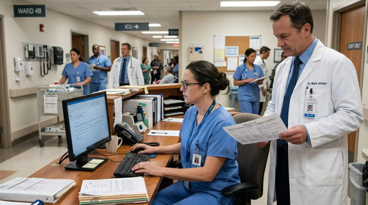 Hospital staff using secure healthcare systems to protect patient information and prevent cyber threats