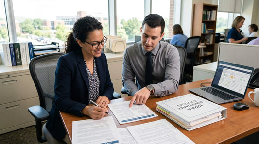 Healthcare office staff reviewing compliance and policy documents together at a desk with laptop and paperwork.