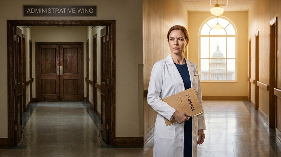 Healthcare whistleblower holding evidence while reporting medical fraud to government authorities