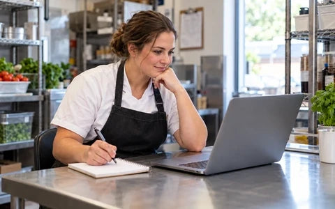 Food worker comparing online food safety course options on a laptop.