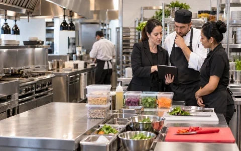 Restaurant manager and kitchen staff reviewing allergen controls during food preparation in a commercial kitchen.