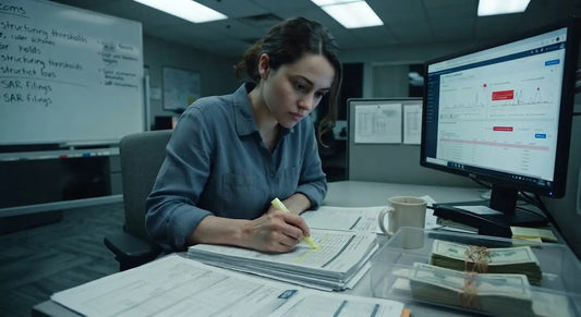 AML compliance analyst reviewing cash transaction records, SAR activity, and monitoring alerts for suspicious cash patterns.