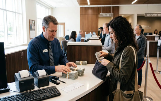 Bank customer making a large cash transaction at a teller counter while the teller processes stacks of U.S. currency.