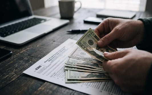 Business professional counting cash while reviewing Form 8300 paperwork for a large cash transaction.