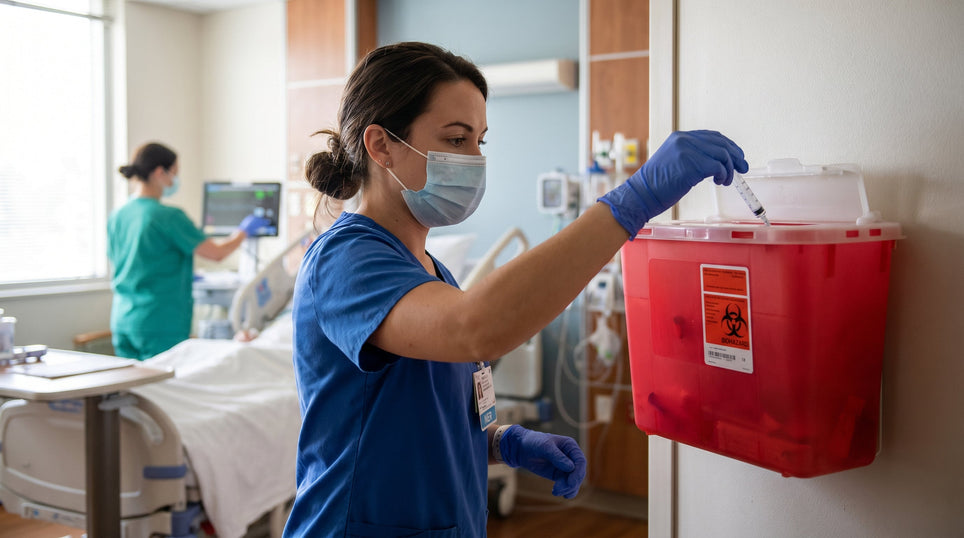 Healthcare worker disposing sharps safely to reduce exposure to bloodborne pathogens in a hospital