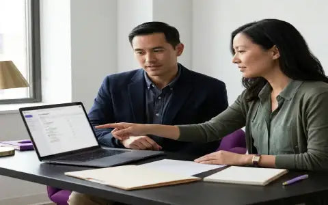 Two coworkers review data-handling procedures beside a laptop in a US office.