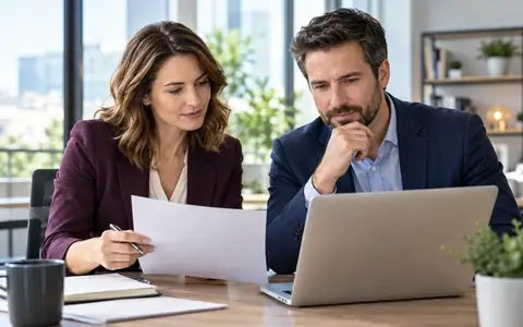 Two coworkers review a digital data-collection form in a U.S. office. 