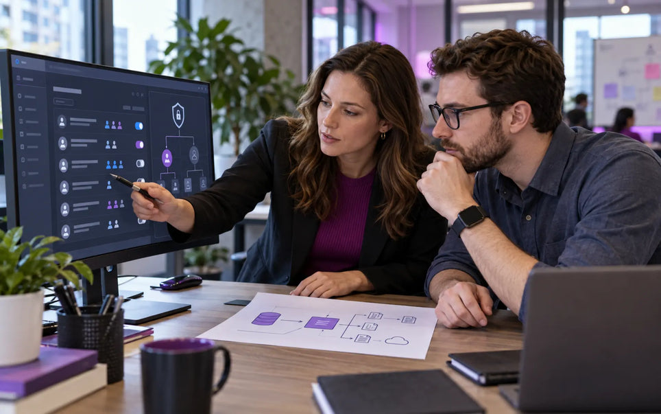 Two colleagues review a data-flow diagram and access permissions during a cybersecurity and privacy exercise